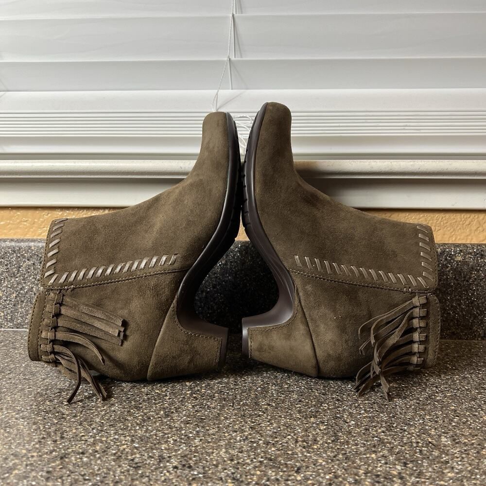 Earthies Taupe Brown Ankle Boots Heeled Fringe Womens Sz 7.5B Comfort Casual Zip - Picture 4 of 11